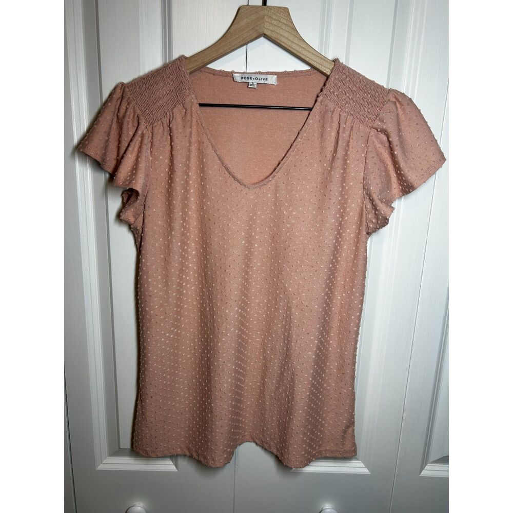 Rose + Olive Dusty Rose Swiss Dot V-Neck Blouse Smocked Shoulder Size S